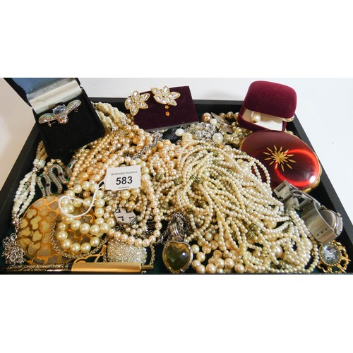 583 - Costume jewellery - quantity of faux pearls, vintage compact etc