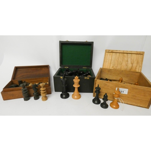 87 - Three assorted chess sets, two wooden and one ivorine. In wooden boxes