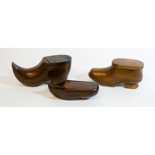 474 - A collection of three antique carved treen snuff shoes