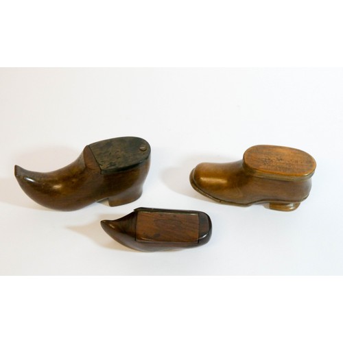 474 - A collection of three antique carved treen snuff shoes