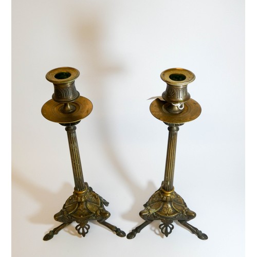 475 - A pair of 19th century bronze classical design candlesticks standing on tri-form hoof feet, height 3... 