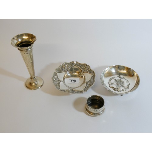 478 - Hallmarked silver specimen vase, Art Nouveau salt seller, Tudor Rose circular pin dish and a sterlin... 