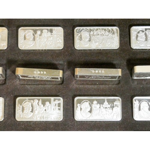 450 - Cased set of fifty hallmarked silver commemorative silver ingots '1000 years of British Monarchy Ste... 