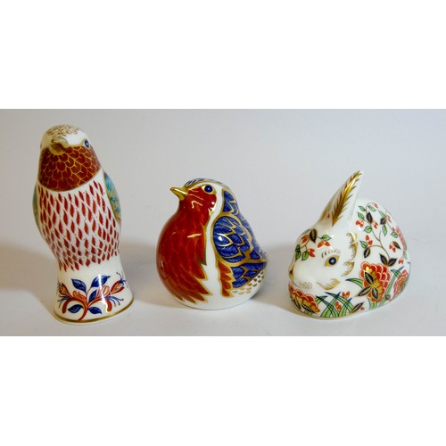 459 - Three Royal Crown Derby animal shaped paperweights, Robin, Kingfisher and meadow rabbit with two box... 