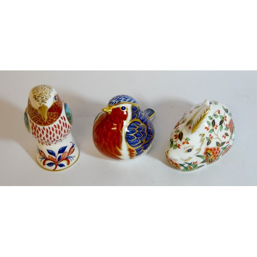 459 - Three Royal Crown Derby animal shaped paperweights, Robin, Kingfisher and meadow rabbit with two box... 