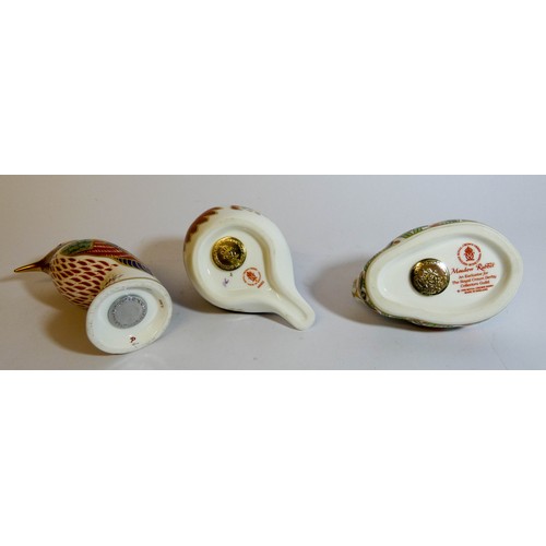 459 - Three Royal Crown Derby animal shaped paperweights, Robin, Kingfisher and meadow rabbit with two box... 