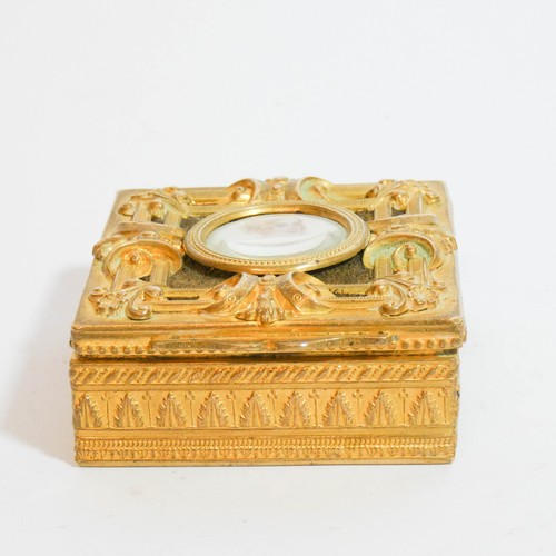 462 - French gilt metal square trinket box, the openwork lid inset with a watercolour miniature painting o... 