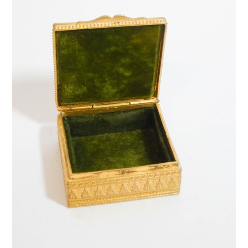 462 - French gilt metal square trinket box, the openwork lid inset with a watercolour miniature painting o... 