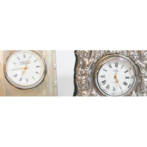 448 - Two miniature silver clocks, by Carrs & Arthur Price - both as new in original gift boxes. Each appr... 