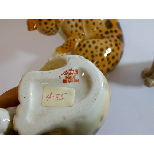 445 - Russian porcelain figure of a Leopard with two cubs marked in puce underneath