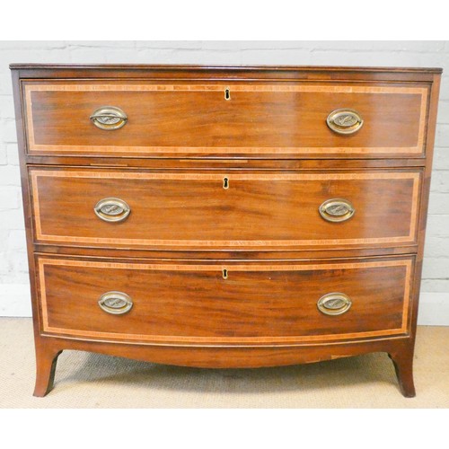 806 - A Georgian mahogany bow front chest of three long drawers with satin banded top and drawers standing... 