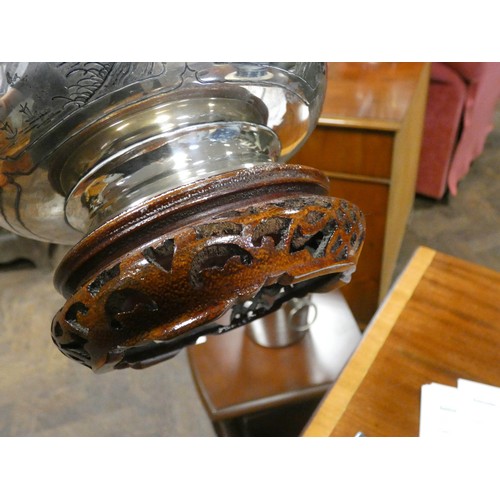 602 - Chinese export silver circular pedestal fruit bowl, with engraved landscape style decoration, hallma... 