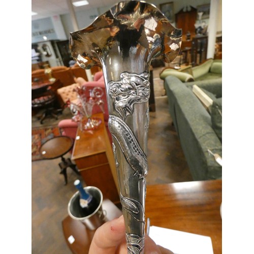 604 - Chinese export silver vase, by Hung Chong & Co Shanghai, decorated with a coiled dragon, on carved h... 