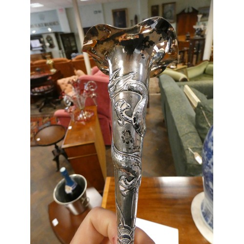 604 - Chinese export silver vase, by Hung Chong & Co Shanghai, decorated with a coiled dragon, on carved h... 
