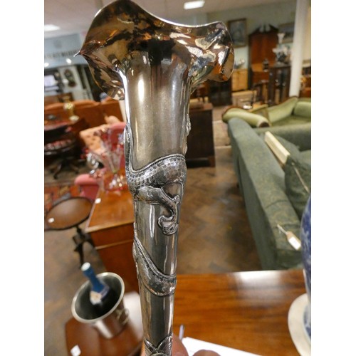 604 - Chinese export silver vase, by Hung Chong & Co Shanghai, decorated with a coiled dragon, on carved h... 