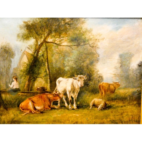 707 - A 19th century gilt framed oil on canvas of cattle in rustic landscape scene, 17