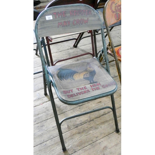 104 - A painted folding tubular framed The Rooster May Crow advertising chair