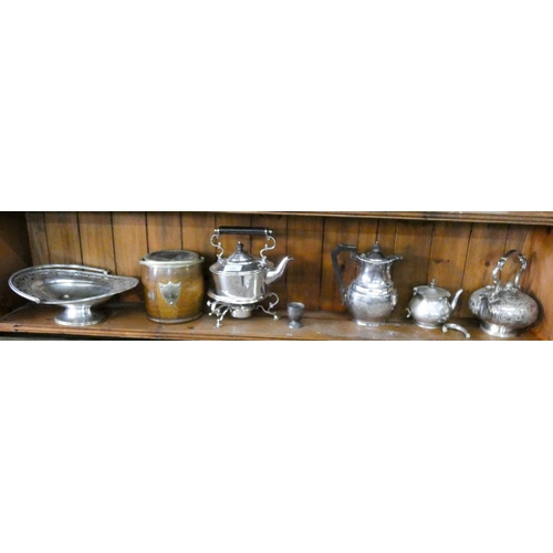 115 - Plated spirit kettle, one other, fruit basket, water jug, biscuit barrel etc