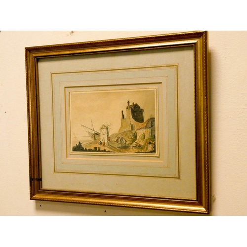 118 - A pair of small gilt framed continental watercolours of buildings and figures on shore with boats in... 