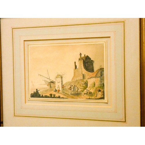 118 - A pair of small gilt framed continental watercolours of buildings and figures on shore with boats in... 