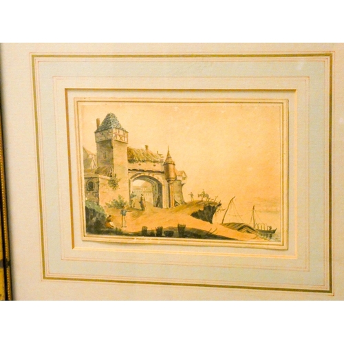 118 - A pair of small gilt framed continental watercolours of buildings and figures on shore with boats in... 