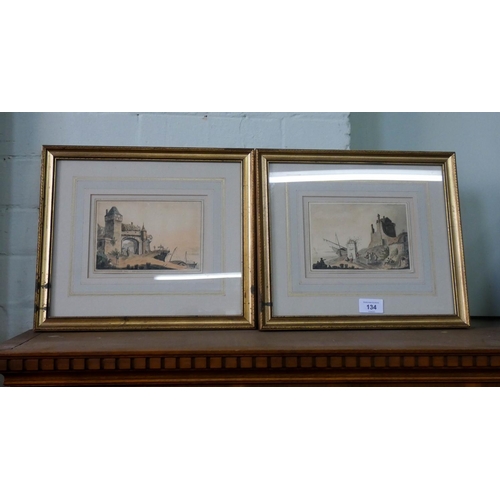 118 - A pair of small gilt framed continental watercolours of buildings and figures on shore with boats in... 