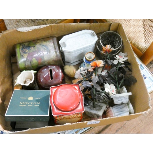 102 - A pair of Japanese flower ornaments, old biscuit tin, figure ornaments and other sundries