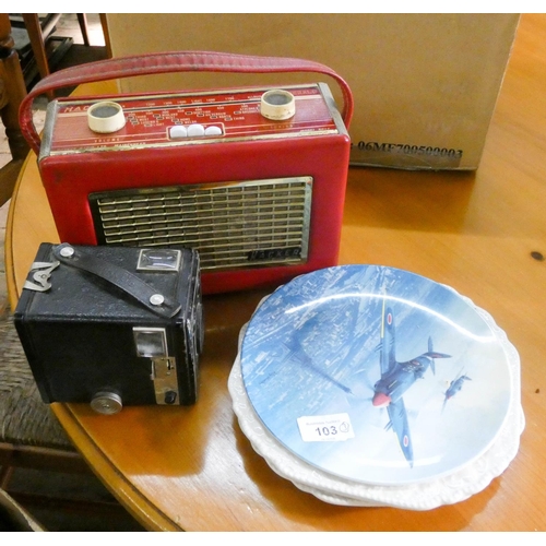 103 - A Hacker transistor radio, a box camera and three commemorative plates