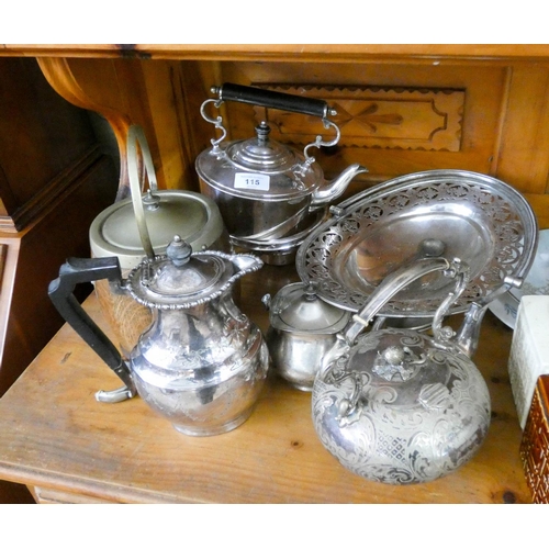 115 - Plated spirit kettle, one other, fruit basket, water jug, biscuit barrel etc