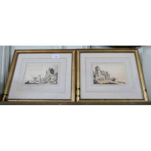 118 - A pair of small gilt framed continental watercolours of buildings and figures on shore with boats in... 