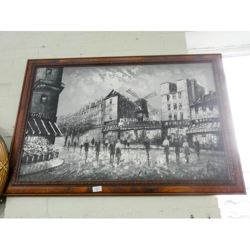 121 - A modern framed black and white painting of a French street scene