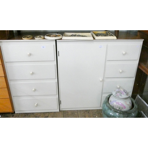 128 - A low white painted kitchen cabinet fitted drawers and cupboards and a similar chest of four drawers