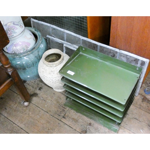 131 - Old lead light windows, jardiniere, metal stationery stand etc