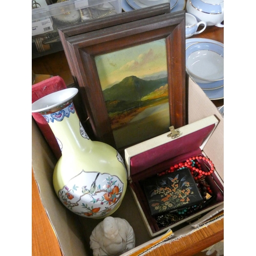 141 - A pair of small oil paintings, costume jewellery, Chinese style vase etc