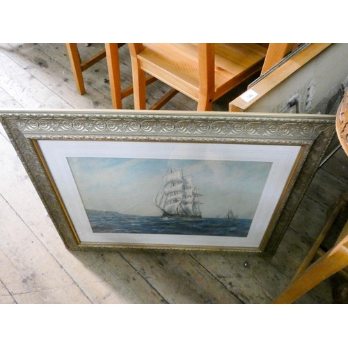 146 - A picture of a sailing boat, needlework picture and a big picture frame