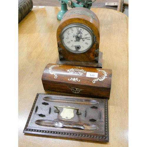 149 - A mantel clock in walnut case, inlaid rosewood box and an inkstand