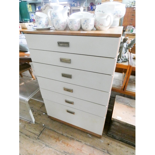 160 - A white and teak finished chest of six drawers, 2'3 wide