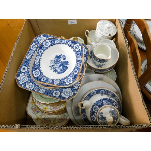 94 - Assorted tea ware, blue and white fruit set, matching teapot etc