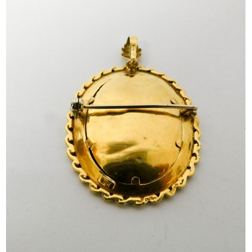 675 - Italian portrait 18ct gold framed pendant brooch, hand painted with a profile portrait of a lady in ... 