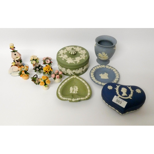 503 - Five pieces of assorted Wedgwood Jasper ware, collection of miniature flowers, small clown ornament