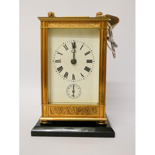 510 - French brass cased carriage clock, fully striking on the hour and half hour, with one strike on the ... 