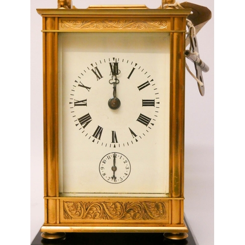 510 - French brass cased carriage clock, fully striking on the hour and half hour, with one strike on the ... 