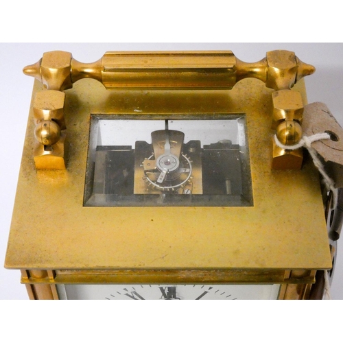 510 - French brass cased carriage clock, fully striking on the hour and half hour, with one strike on the ... 