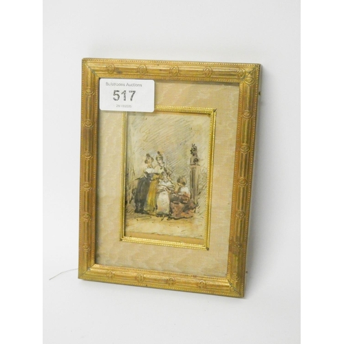 517 - Early Victorian pen and ink wash miniature in a gilt frame, approx 6