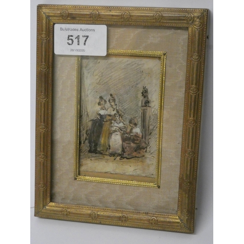 517 - Early Victorian pen and ink wash miniature in a gilt frame, approx 6