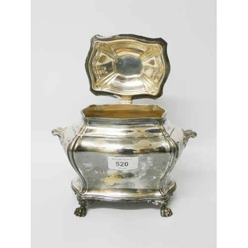 520 - A Georgian style silver plated tea caddy standing on paw feet