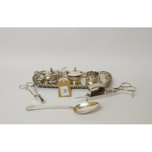 523 - Small plated tray with candle snuffer, condiments, spoon etc