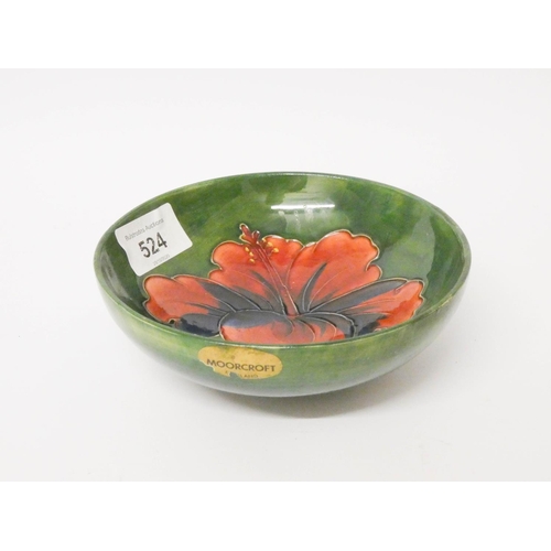 524 - Moorcroft green and floral Hibiscus pattern decorated bowl 5 3/4