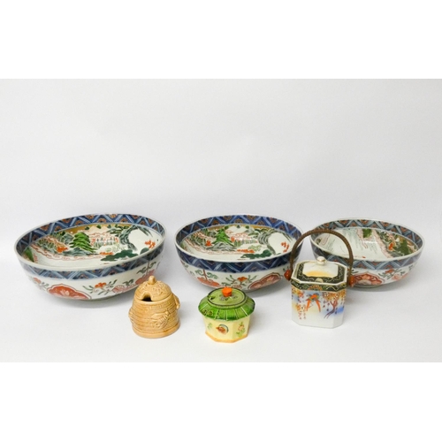 529 - Three various graduated Satsuma fruit bowls and three small honey pots