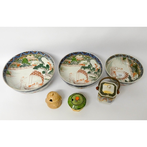 529 - Three various graduated Satsuma fruit bowls and three small honey pots